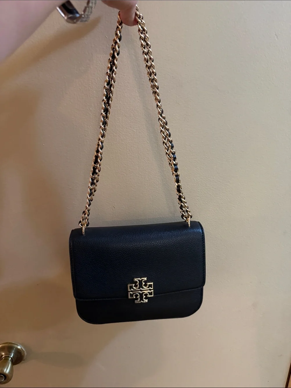 Tory Burch Black Pebbled Leather Crossbody with Gold Chain
